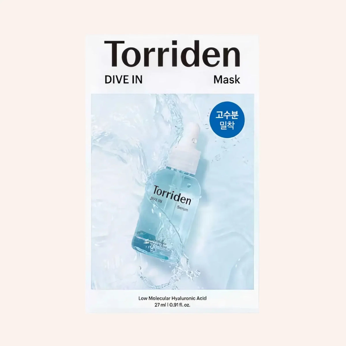 Torriden DIVE-IN Low Molecular Hyaluronic Acid Mask 27ml – weißer Karton mit Sichtfenster auf blaues Gel, runder Aufdruck