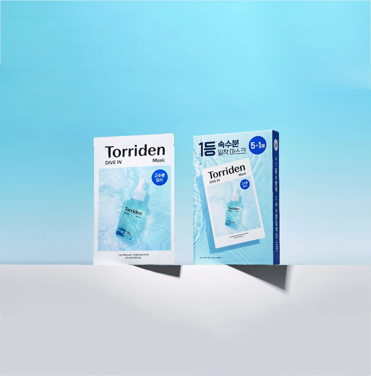 Torriden DIVE-IN Low Molecular Hyaluronic Acid Mask 27ml – Vergleichsbild in zwei Hälften: Milchglasflasche mit blauem Inhalt