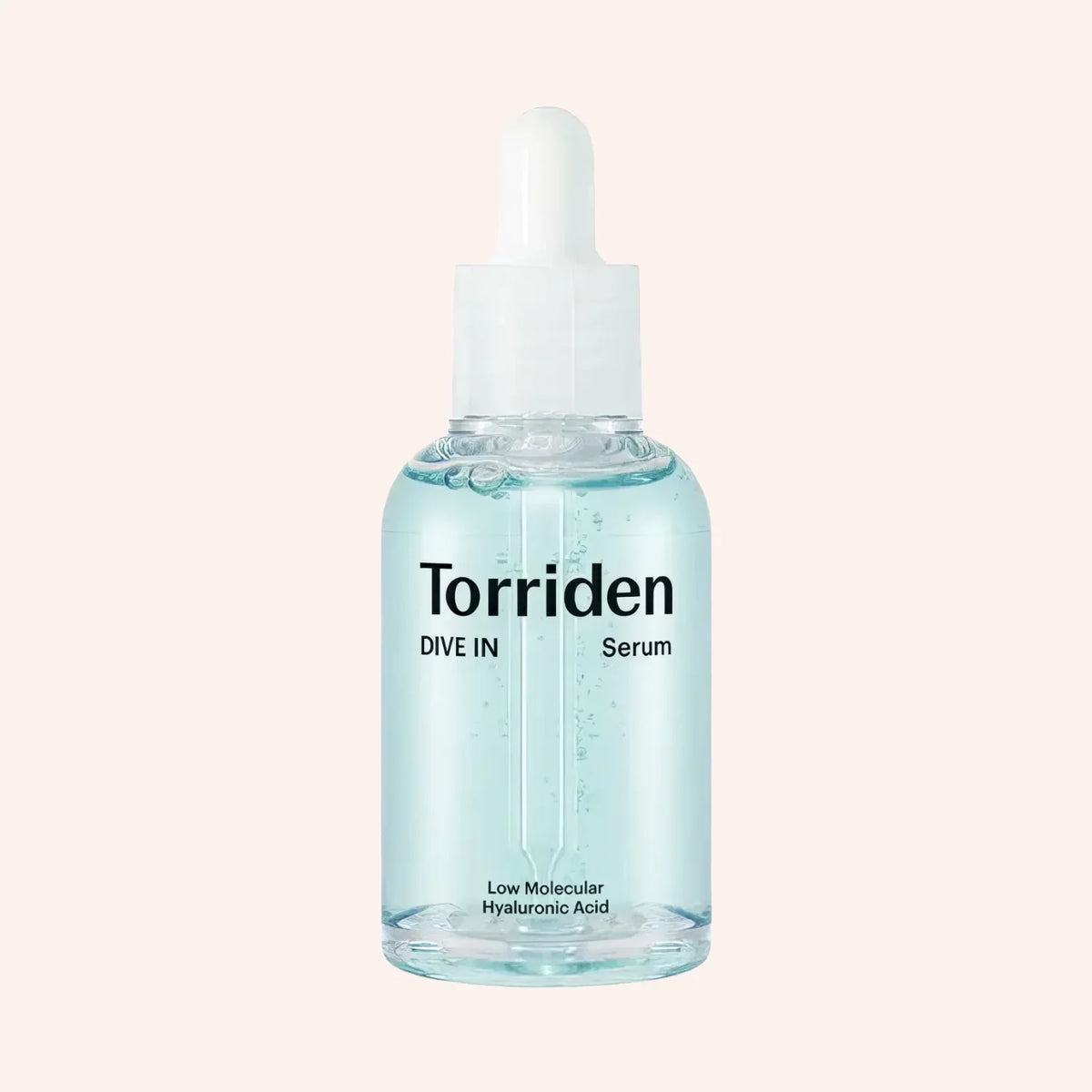 Torriden DIVE-IN Low Molecular Hyaluronic Acid Serum 50ml – blaue Pipettenflasche aus Glas auf Schwarz