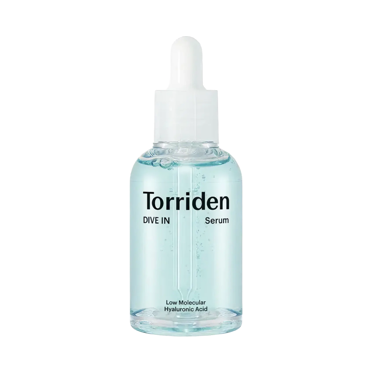 Torriden DIVE-IN Low Molecular Hyaluronic Acid Serum 50ml – blaue Pipettenflasche aus Glas auf Schwarz