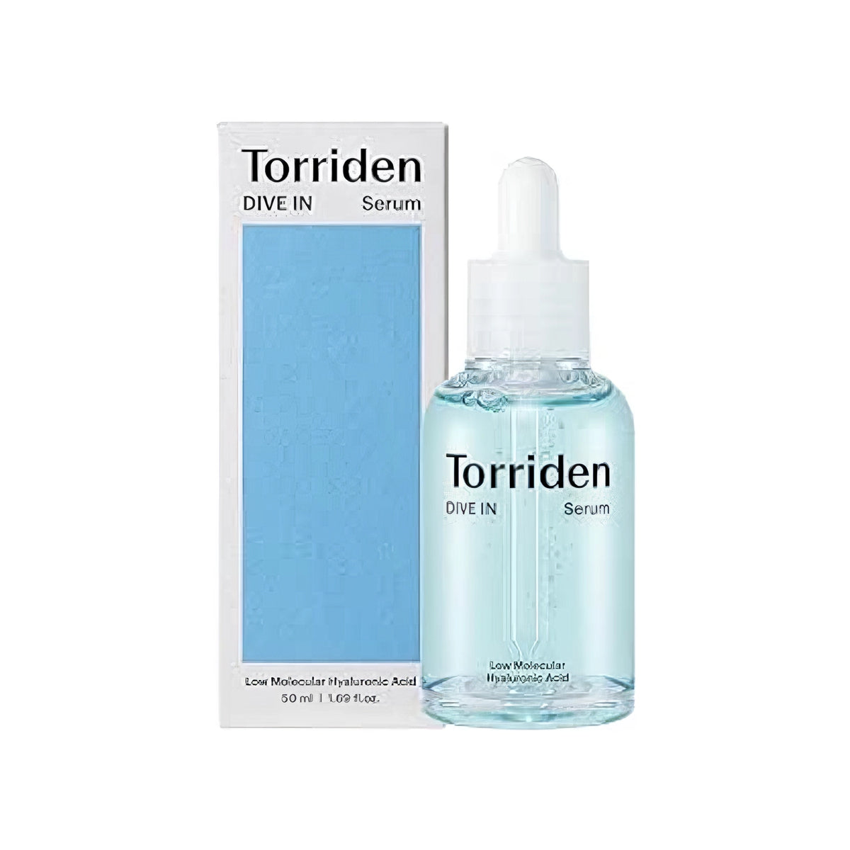 Torriden DIVE-IN Low Molecular Hyaluronic Acid Serum 50ml – blaue Pipettenflasche freigestellt vor schlichtem, hellem Grund