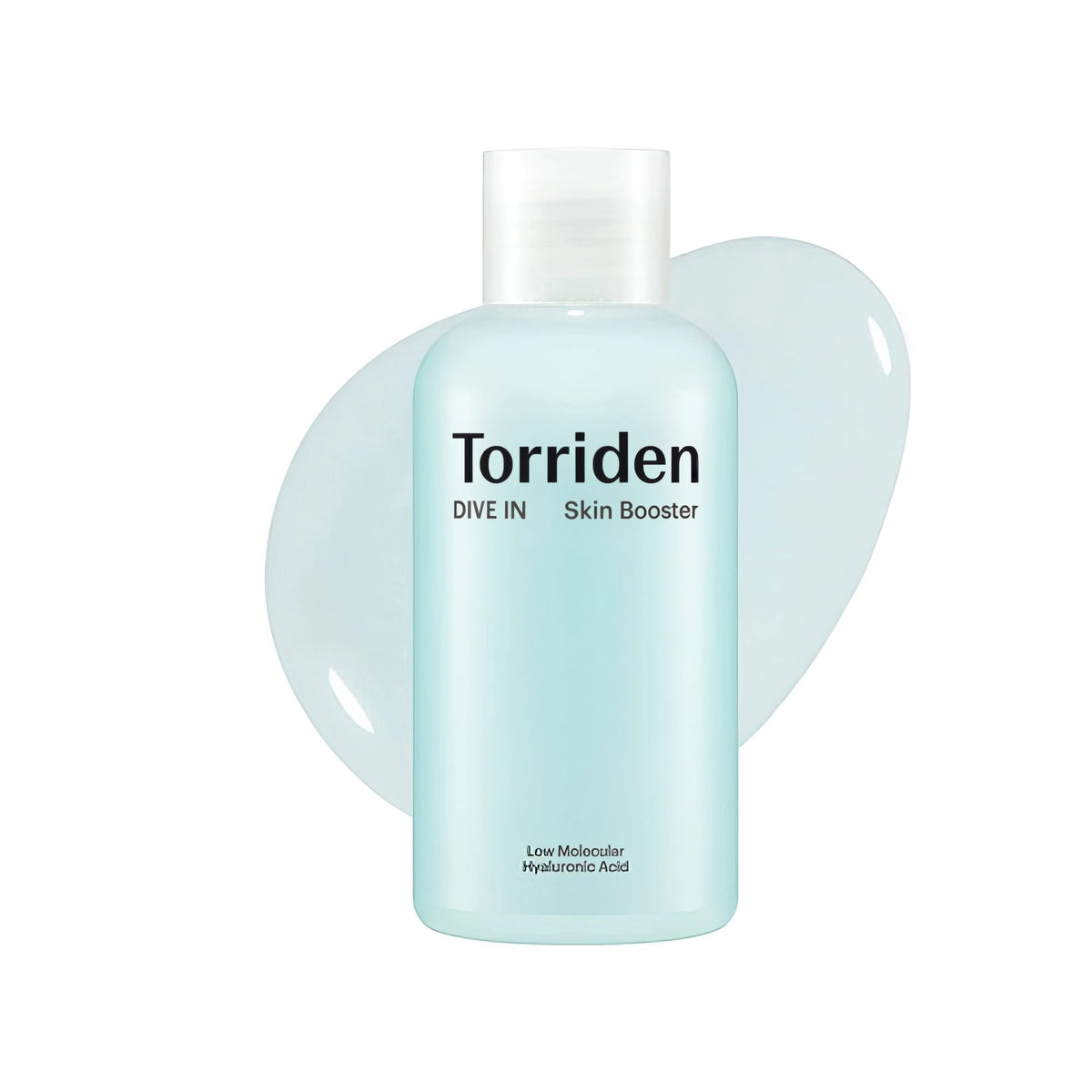 Torriden DIVE-IN Low Molecular Hyaluronic Acid Skin Booster 200ml – hellblaue Pumpflasche auf blauem Grund