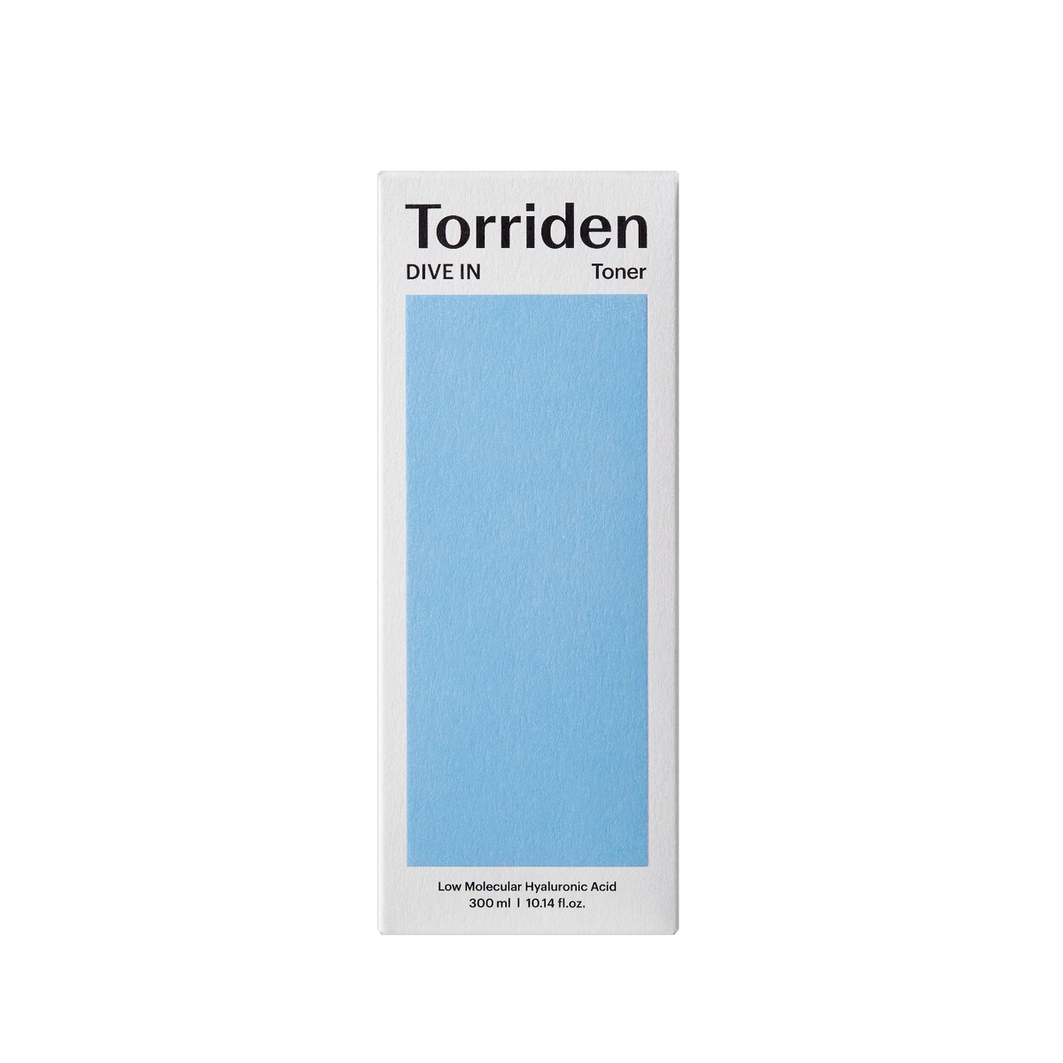 Torriden DIVE-IN Low Molecular Hyaluronic Acid Toner 300ml – blaues Etikett mit papierartiger Struktur vor Schwarz