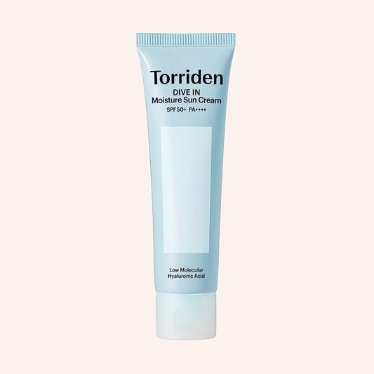 Torriden DIVE-IN Sun Cream SPF50+ PA++++ 60ml – weiße Tube mit hellblauen Akzenten auf weißem Hintergrund