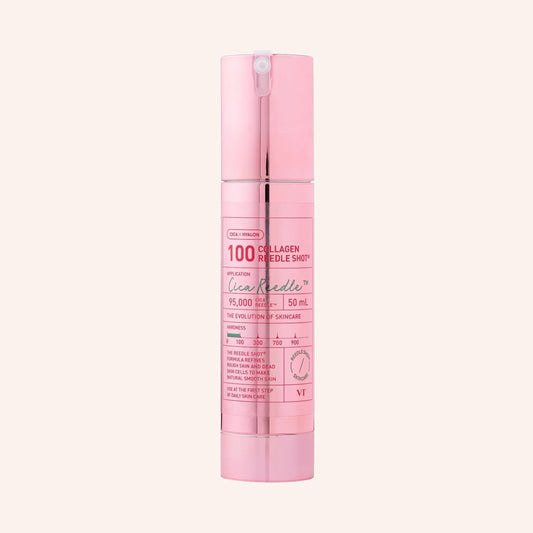 VT Collagen Reedle Shot 100 50ml – Tube in Rosa und Weiß mit asiatischen Schriftzeichen oben, vor schwarzem Hintergrund