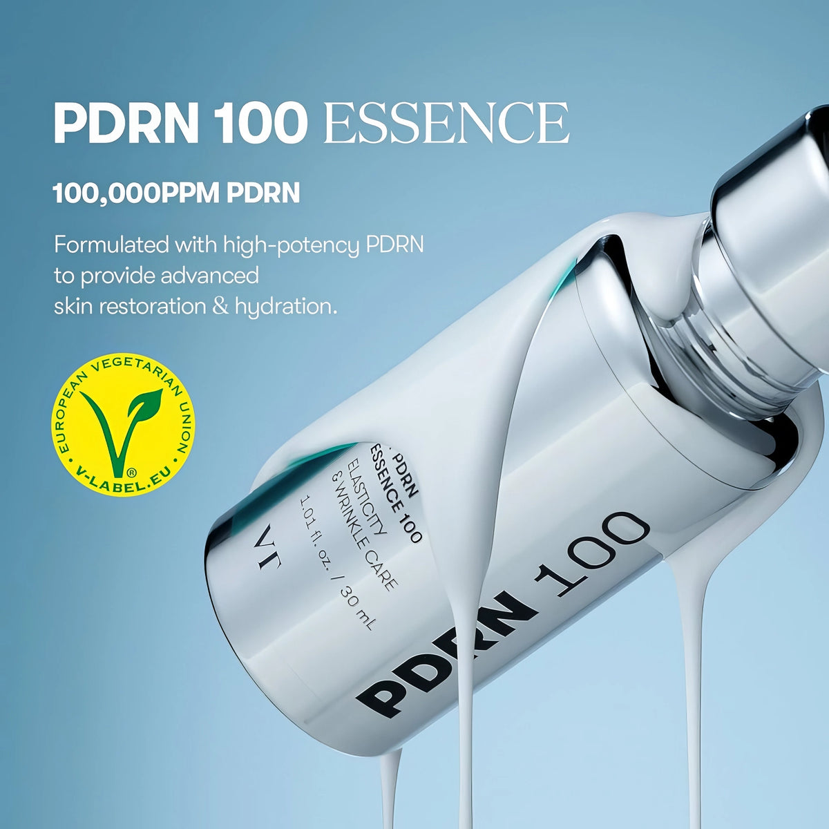 VT PDRN Essence 100 30ml – Flasche mit blauen Akzenten in Szene gesetzt