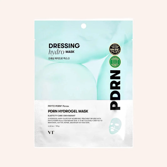 VT PDRN Hydrogel Mask – rechteckiger blauer Beutel mit Sichtfenster vor Weiß