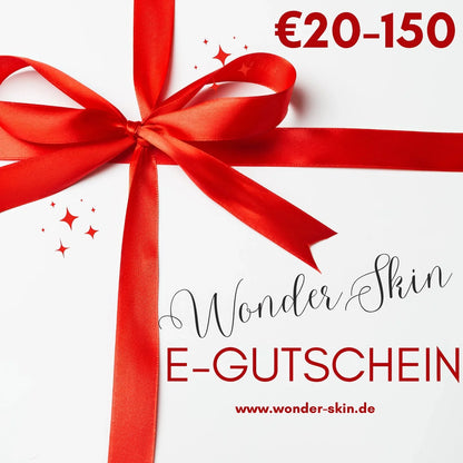 Wonder Skin E-Gutschein – Banner mit Preisangabe oben links und Karton mit Sichtfenster in der Mitte